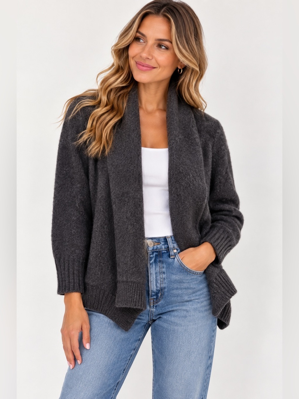 VINCE Wool Yak Blend Waterfall Cardigan Charcoal Gray Size S